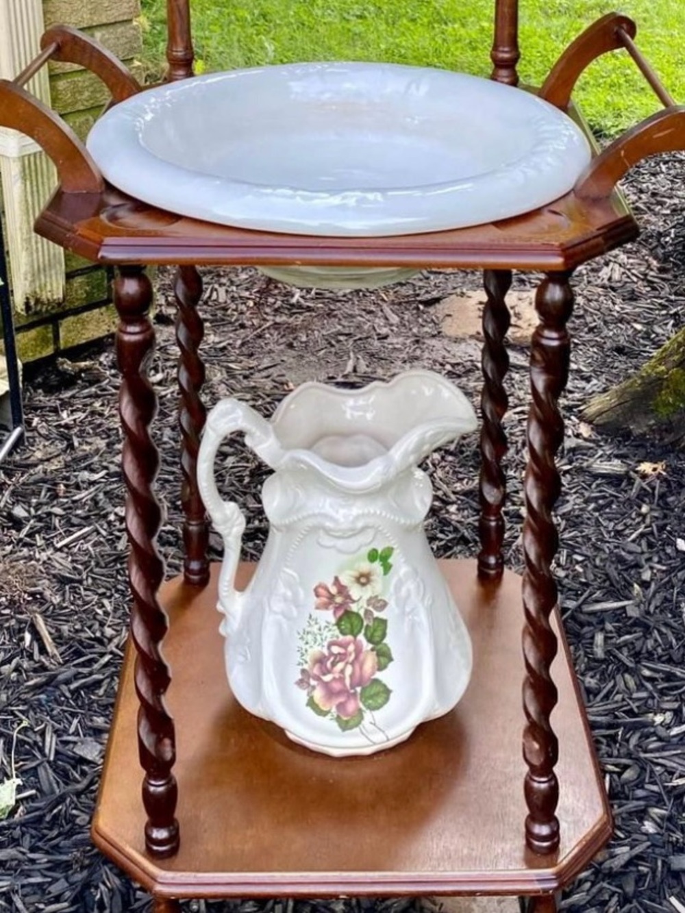 19th Century Antique White Ceramic Basin & Floral Water Pitcher Vanity Set